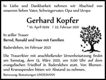 Traueranzeige von Gerhard Kopfer  von Magdeburger Volksstimme