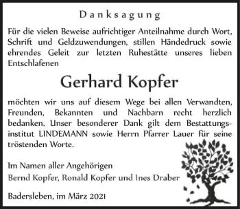 Traueranzeige von Gerhard Kopfer  von Magdeburger Volksstimme