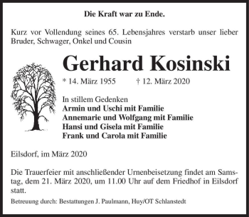 Traueranzeige von Gerhard Kosinski  von Magdeburger Volksstimme