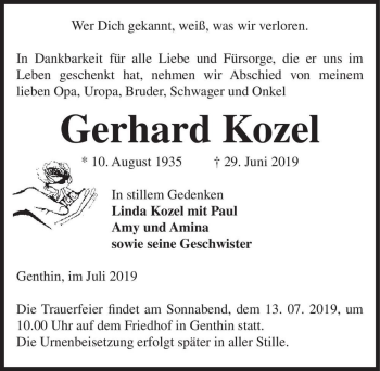 Traueranzeige von Gerhard Kozel  von Magdeburger Volksstimme