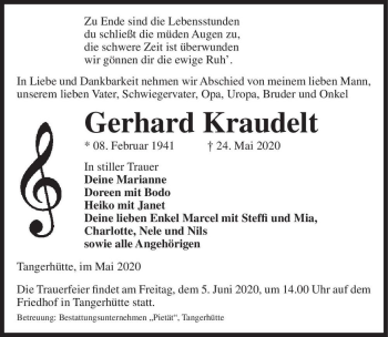 Traueranzeige von Gerhard Kraudelt  von Magdeburger Volksstimme