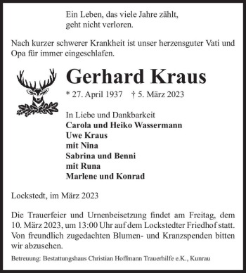 Traueranzeige von Gerhard Kraus  von Magdeburger Volksstimme