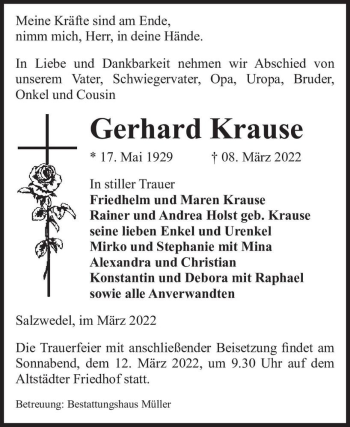 Traueranzeige von Gerhard Krause  von Magdeburger Volksstimme