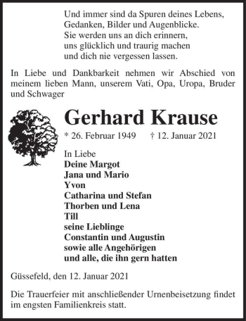 Traueranzeige von Gerhard Krause  von Magdeburger Volksstimme