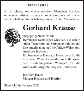 Traueranzeige von Gerhard Krause  von Magdeburger Volksstimme
