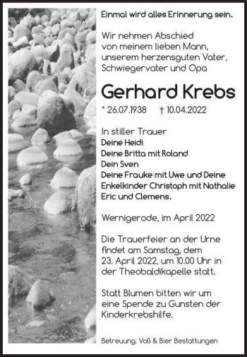 Traueranzeige von Gerhard Krebs  von Magdeburger Volksstimme