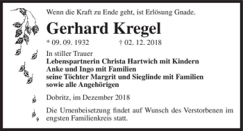 Traueranzeige von Gerhard Kregel  von Magdeburger Volksstimme