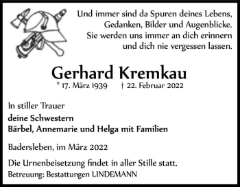 Traueranzeige von Gerhard Kremkau  von Magdeburger Volksstimme