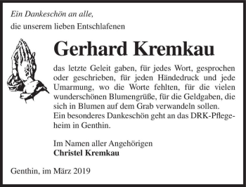 Traueranzeige von Gerhard Kremkau  von Magdeburger Volksstimme