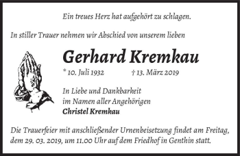 Traueranzeige von Gerhard Kremkau  von Magdeburger Volksstimme
