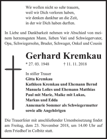 Traueranzeige von Gerhard Kremkau  von Magdeburger Volksstimme