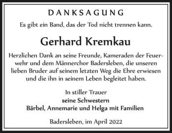 Traueranzeige von Gerhard Kremkau  von Magdeburger Volksstimme