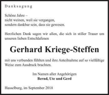 Traueranzeige von Gerhard Kriege-Steffen  von Magdeburger Volksstimme