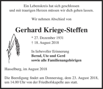 Traueranzeige von Gerhard Kriege-Steffen  von Magdeburger Volksstimme