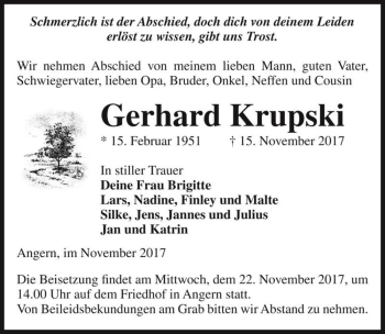 Traueranzeige von Gerhard Krupski  von Magdeburger Volksstimme
