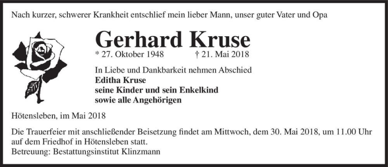  Traueranzeige für Gerhard Kruse  vom 25.05.2018 aus Magdeburger Volksstimme