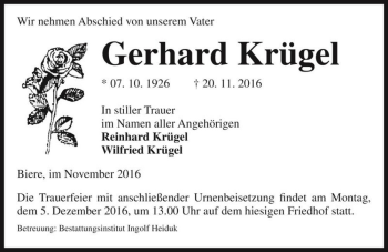 Traueranzeige von Gerhard Krügel  von Magdeburger Volksstimme