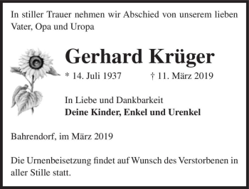 Traueranzeige von Gerhard Krüger  von Magdeburger Volksstimme