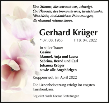 Traueranzeige von Gerhard Krüger  von Magdeburger Volksstimme