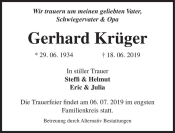 Traueranzeige von Gerhard Krüger  von Magdeburger Volksstimme