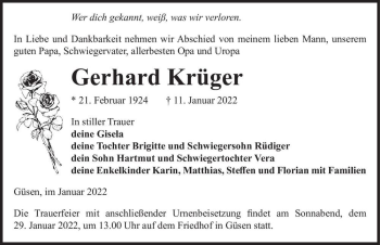 Traueranzeige von Gerhard Krüger  von Magdeburger Volksstimme