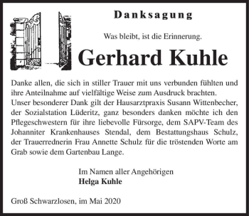 Traueranzeige von Gerhard Kuhle  von Magdeburger Volksstimme