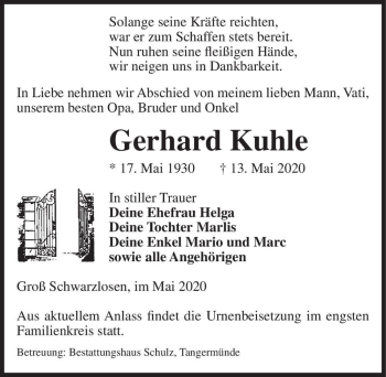 Traueranzeige von Gerhard Kuhle  von Magdeburger Volksstimme