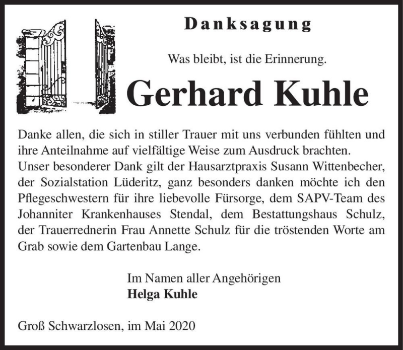  Traueranzeige für Gerhard Kuhle  vom 30.05.2020 aus Magdeburger Volksstimme
