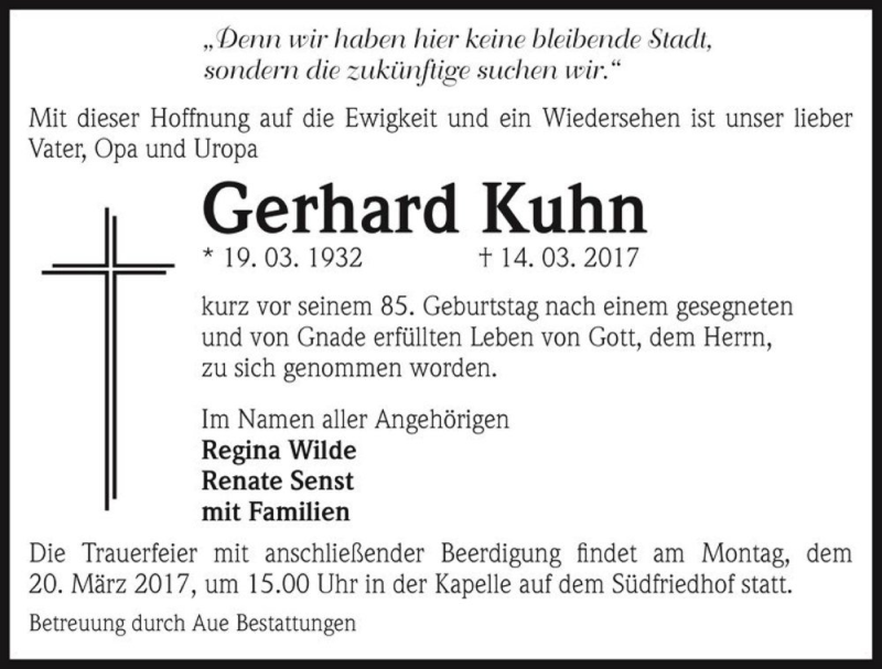  Traueranzeige für Gerhard Kuhn  vom 18.03.2017 aus Magdeburger Volksstimme