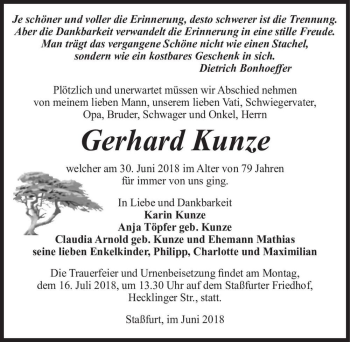 Traueranzeige von Gerhard Kunze  von Magdeburger Volksstimme