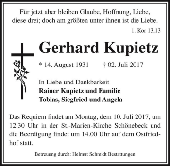 Traueranzeige von Gerhard Kupietz  von Magdeburger Volksstimme
