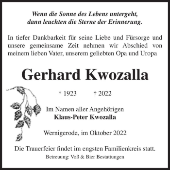 Traueranzeige von Gerhard Kwozalla  von Magdeburger Volksstimme
