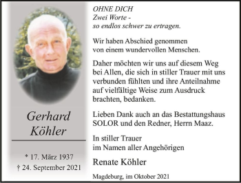 Traueranzeige von Gerhard Köhler  von Magdeburger Volksstimme