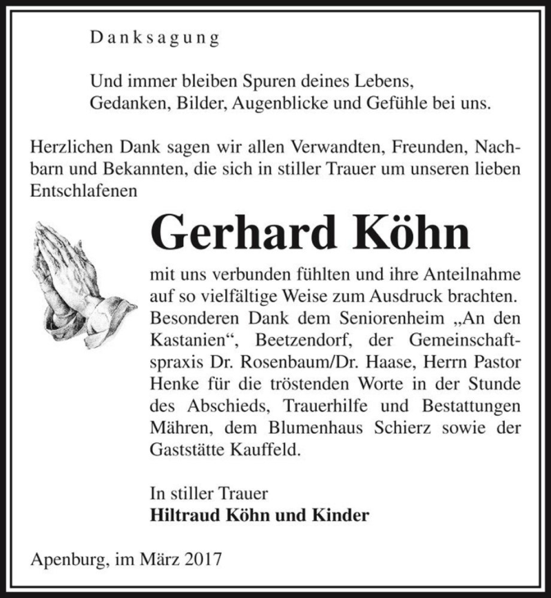  Traueranzeige für Gerhard Köhn  vom 25.03.2017 aus Magdeburger Volksstimme