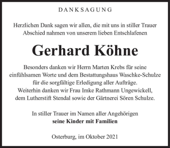 Traueranzeige von Gerhard Köhne  von Magdeburger Volksstimme
