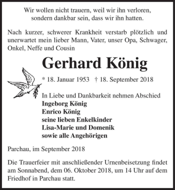 Traueranzeige von Gerhard König  von Magdeburger Volksstimme