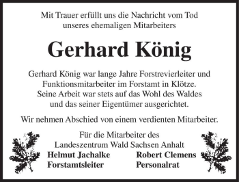 Traueranzeige von Gerhard König  von Magdeburger Volksstimme