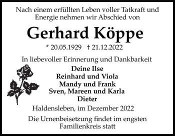 Traueranzeige von Gerhard Köppe  von Magdeburger Volksstimme