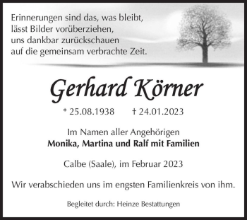 Traueranzeige von Gerhard Körner  von Magdeburger Volksstimme