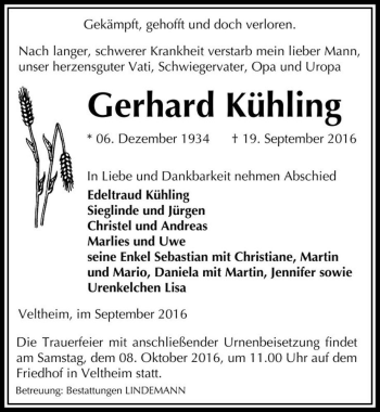 Traueranzeige von Gerhard Kühling  von Magdeburger Volksstimme