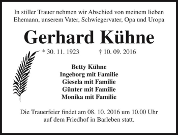 Traueranzeige von Gerhard Kühne  von Magdeburger Volksstimme