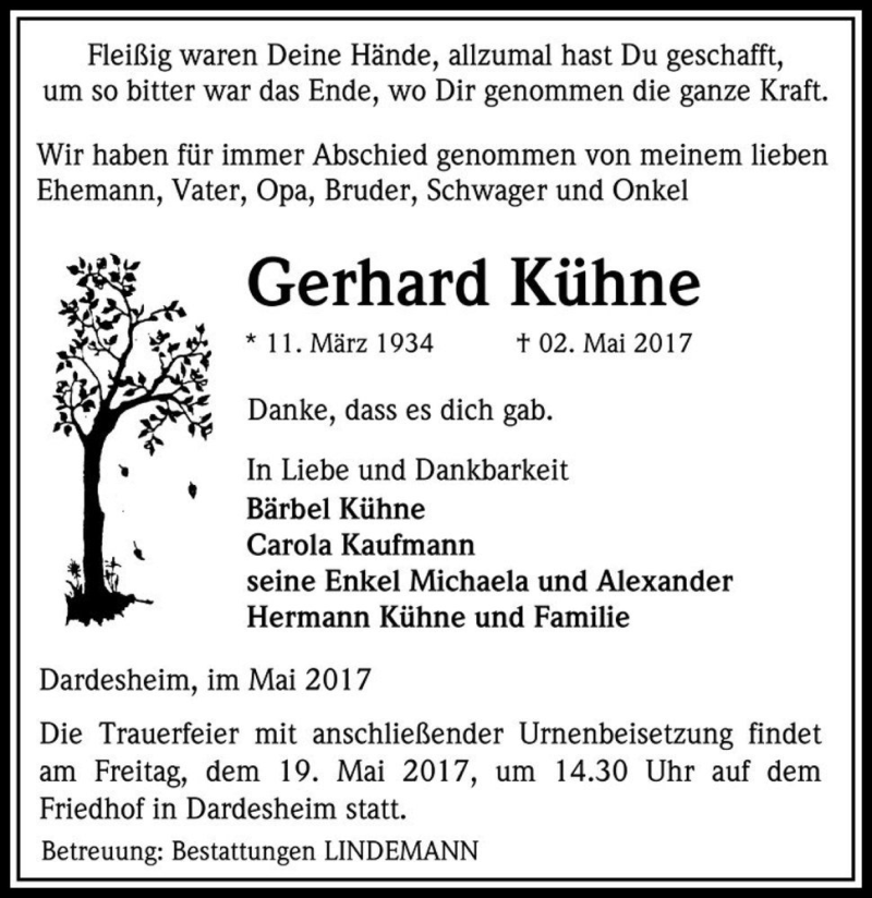  Traueranzeige für Gerhard Kühne  vom 13.05.2017 aus Magdeburger Volksstimme