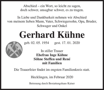 Traueranzeige von Gerhard Kühne  von Magdeburger Volksstimme