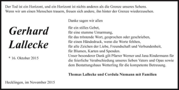Traueranzeige von Gerhard Lallecke  von Magdeburger Volksstimme