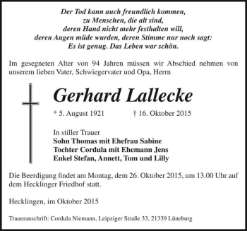 Traueranzeige von Gerhard Lallecke  von Magdeburger Volksstimme