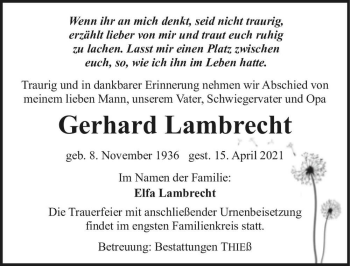 Traueranzeige von Gerhard Lambrecht  von Magdeburger Volksstimme