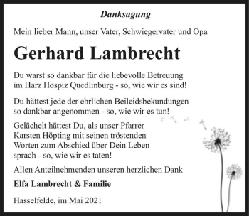 Traueranzeige von Gerhard Lambrecht  von Magdeburger Volksstimme