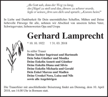 Traueranzeige von Gerhard Lamprecht  von Magdeburger Volksstimme