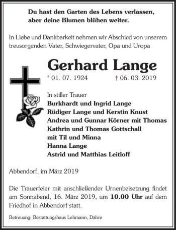Traueranzeige von Gerhard Lange  von Magdeburger Volksstimme