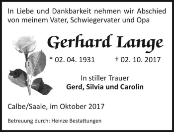Traueranzeige von Gerhard Lange  von Magdeburger Volksstimme
